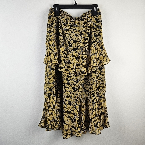 Who What Wear Floral Black Yellow Tiered Maxi Skirt Size L Lined elastic waist - Picture 4 of 5